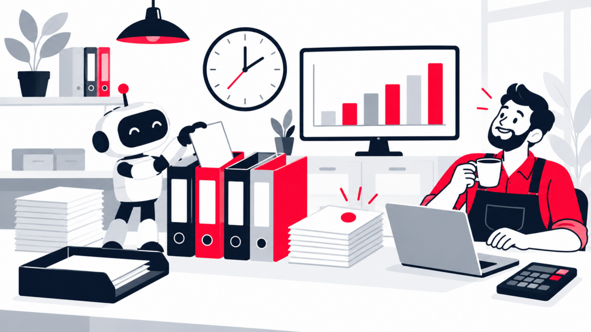Illustration : un assistant IA range des factures dans des classeurs et met de côté une facture en retard, pendant qu'un artisan consulte un graphique.