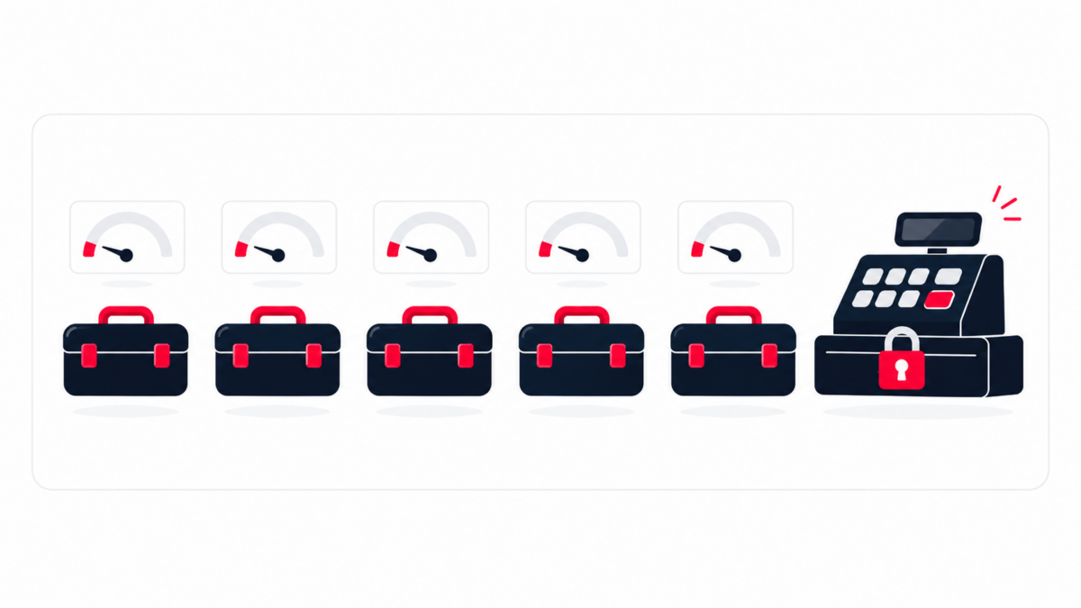 Illustration : cinq boîtes à outils gratuites à côté d'une caisse verrouillée, symbole des plafonds des offres gratuites.