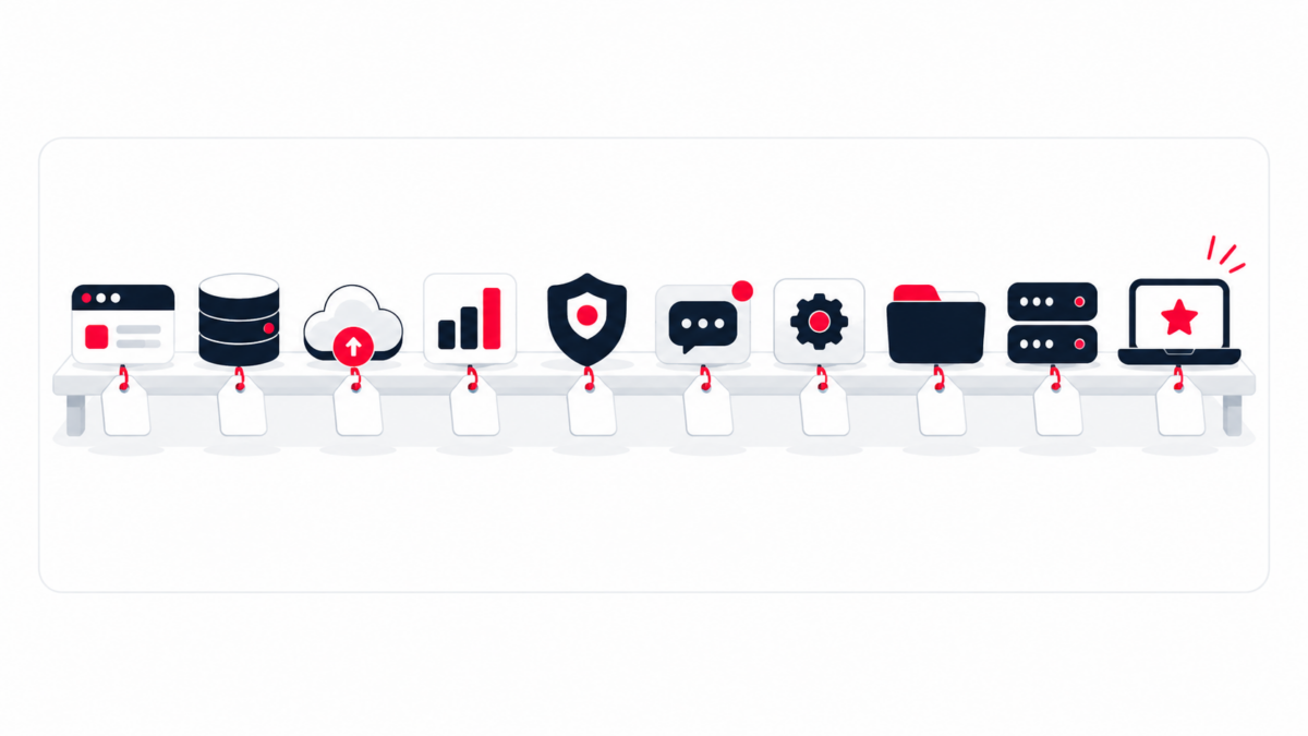 Illustration : dix solutions logicielles alignées sur une étagère, chacune avec son étiquette de prix.