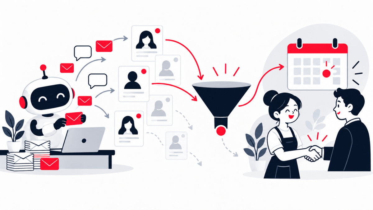 Illustration : un assistant IA prépare des messages vers des fiches de prospects, qualifiées dans un entonnoir jusqu'à un rendez-vous inscrit au calendrier.