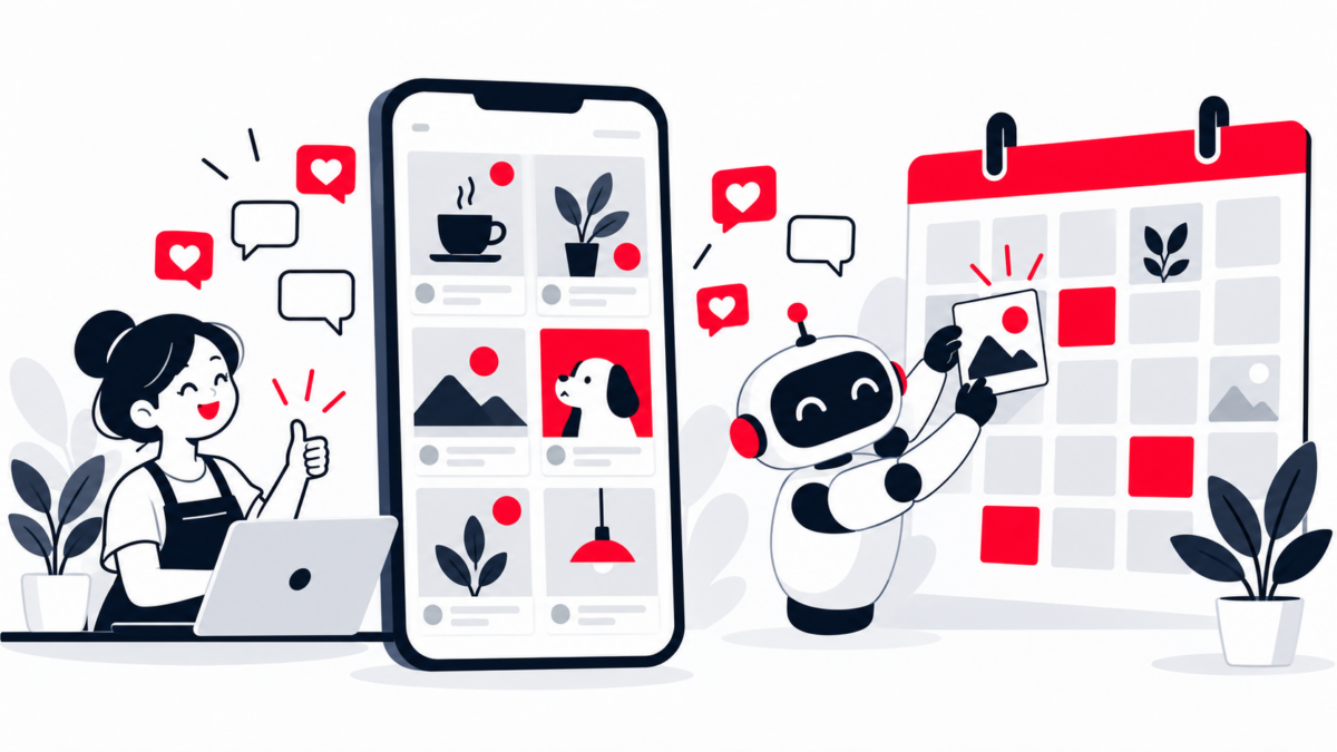 Illustration : un assistant IA ajoute une publication au calendrier éditorial pendant qu'une commerçante valide les contenus sur smartphone.