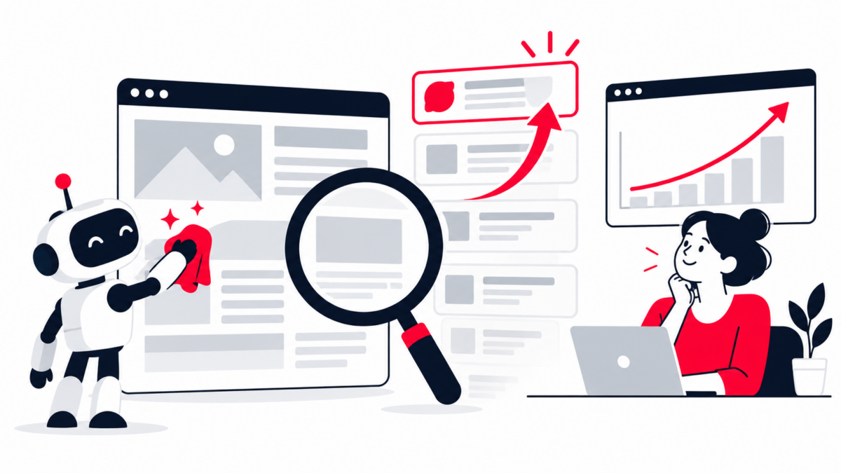 Illustration : sous une loupe, une page web remonte dans les résultats de recherche pendant qu'un assistant IA optimise une page.