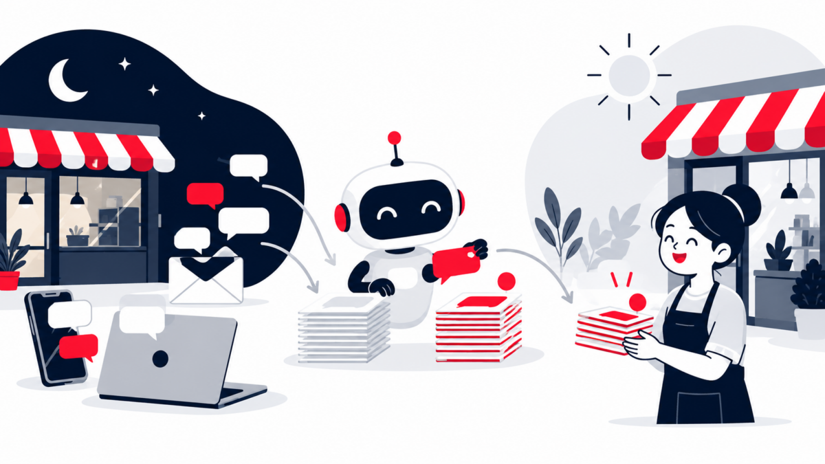 Illustration : un assistant IA trie les messages clients arrivés par smartphone, ordinateur et e-mail, et remet les cas sensibles à la commerçante le matin.