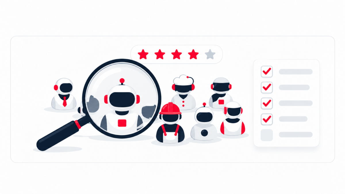 Illustration : une loupe sur une équipe d'agents IA, avec une note en étoiles et une grille de test cochée.
