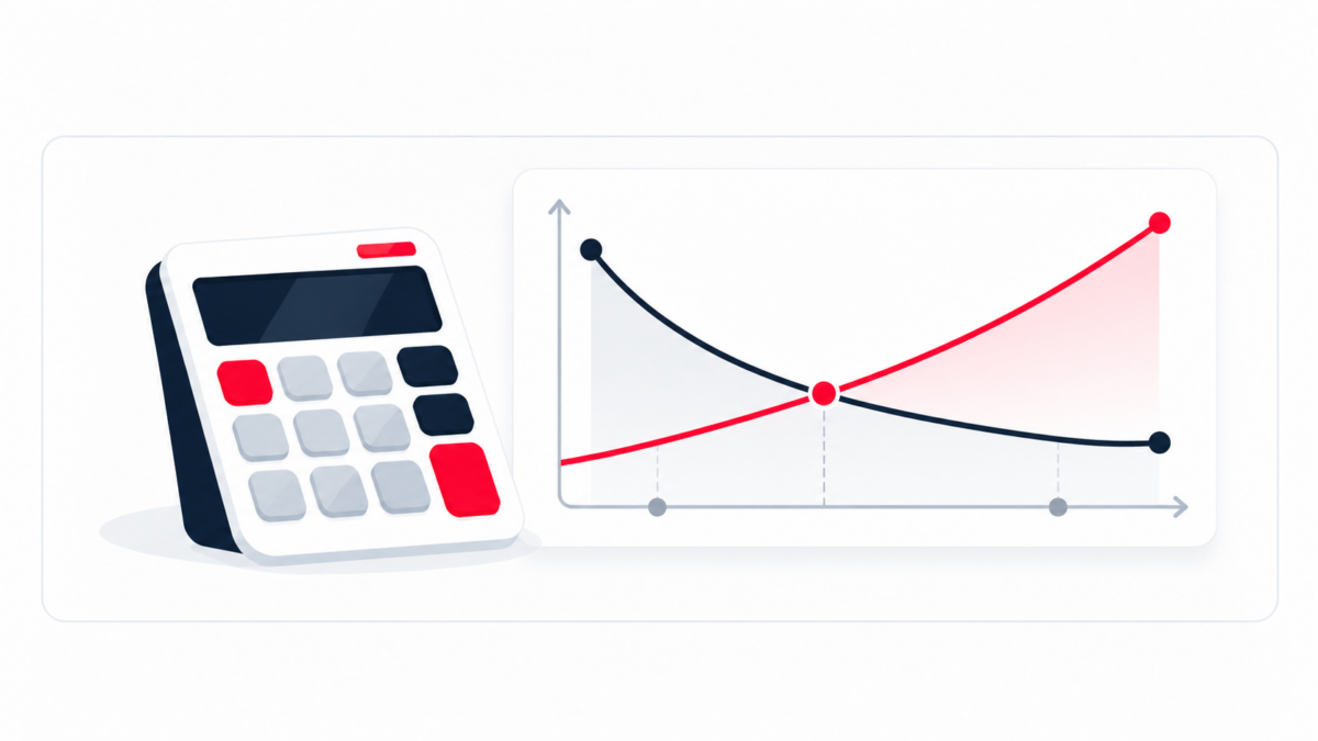 Illustration : une calculatrice et un graphique où la courbe des gains croise celle des coûts au seuil de rentabilité.