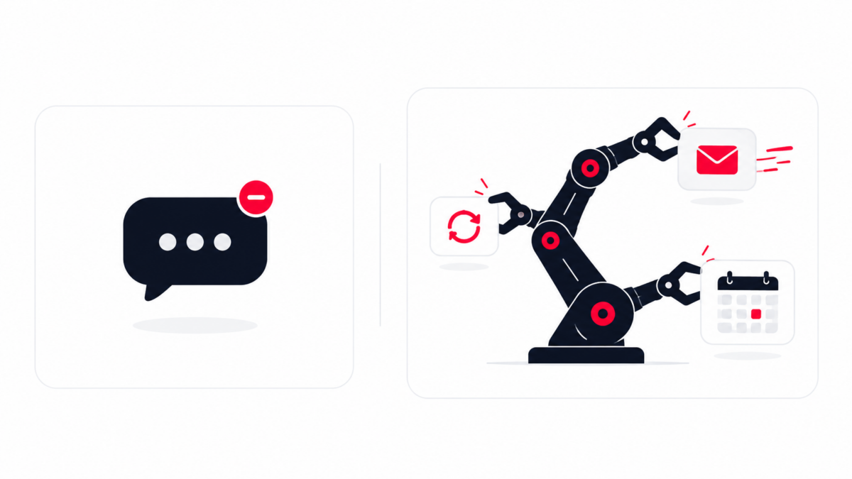 Illustration : un chatbot, simple bulle de dialogue, face à un agent IA qui envoie un e-mail, relance et cale un rendez-vous.