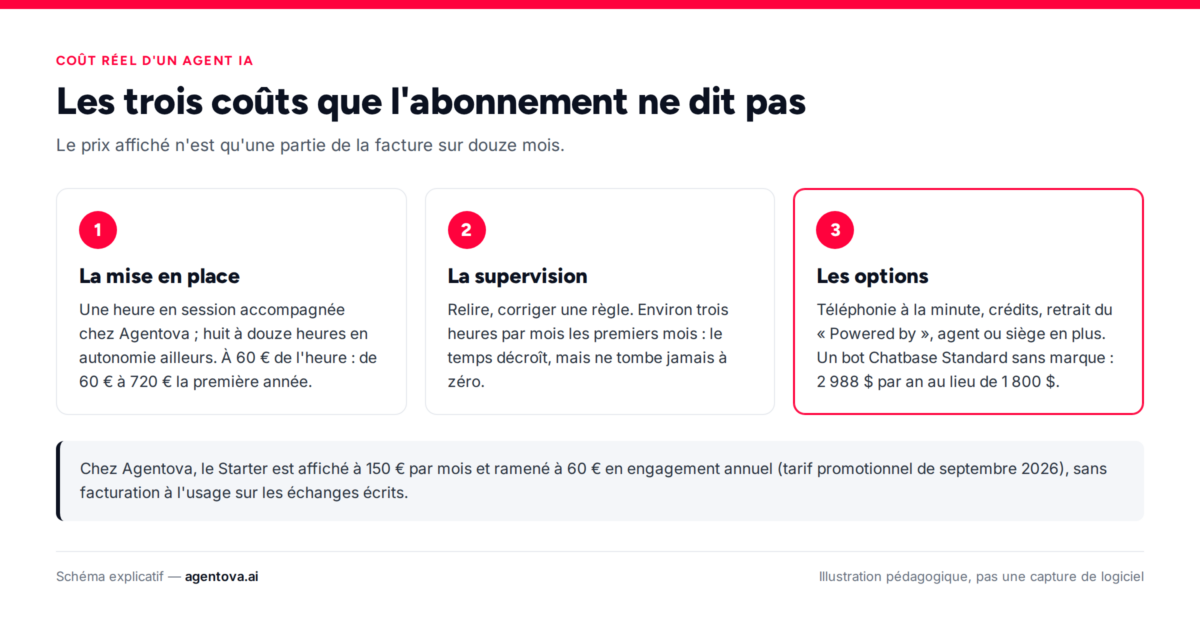 Infographie : les trois coûts d'un agent IA que l'abonnement ne dit pas — mise en place, supervision, options.