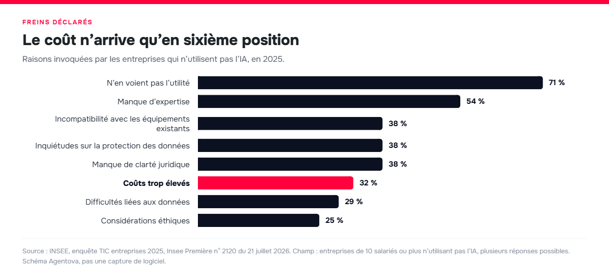 Graphique en barres horizontales : raisons invoqu&eacute;es par les entreprises qui n&rsquo;utilisent pas l&rsquo;IA en 2025