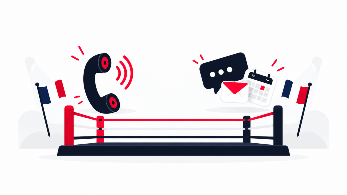 Illustration : un ring de boxe stylisé entre deux drapeaux français, la téléphonie d'un côté, les messages, l'e-mail et l'agenda de l'autre.