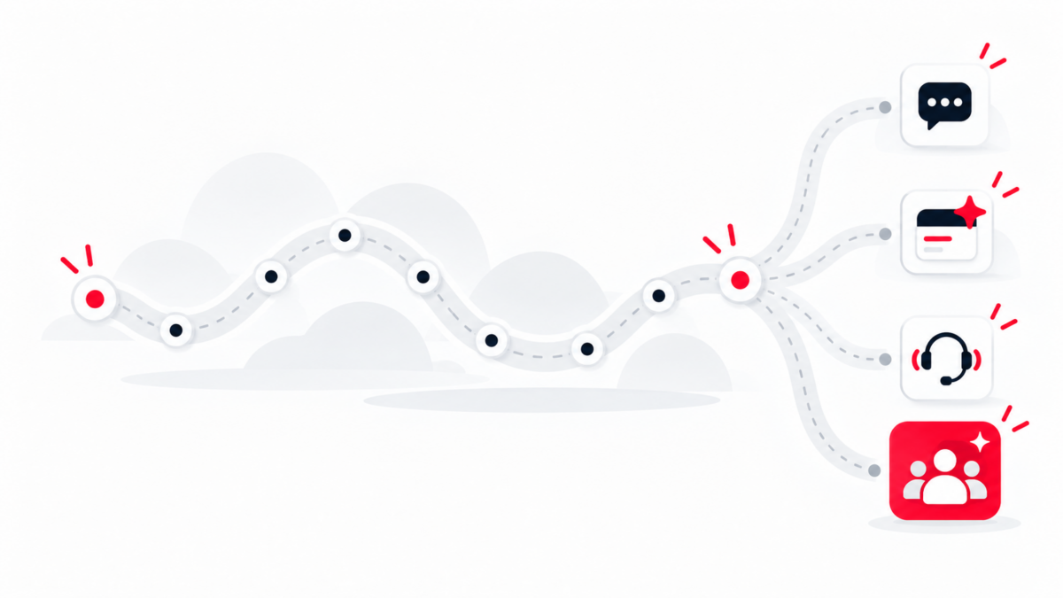 Illustration : un parcours en huit étapes qui se divise en quatre sorties : chatbot, assistant, agent vocal et équipe d'agents.