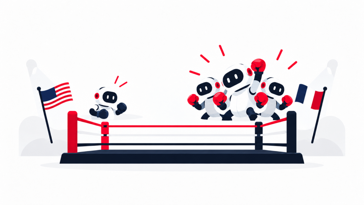 Illustration : un ring de boxe stylisé où un agent IA sous drapeau américain affronte une équipe d'agents IA sous drapeau français.